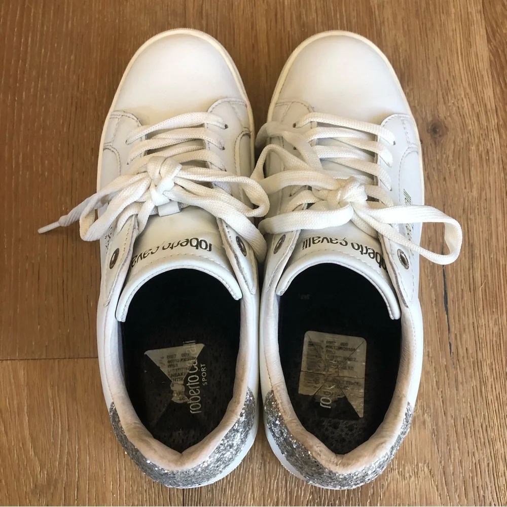 🔥Roberto Cavalli Sport WHITE glitter heel low top sneakers sz7.5 price firm